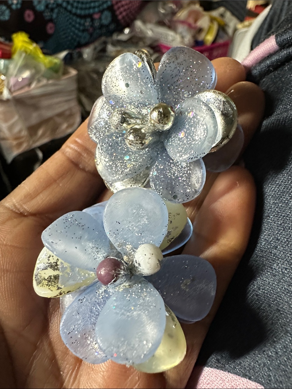 Sparkling Light Blue Resin Flower Necklace Pendant -wear/tear/discolorations